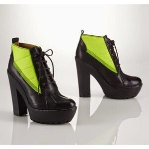 POLO RALPH LAUREN neon green high heel  5 inch lace up Hester boots booties 38 8